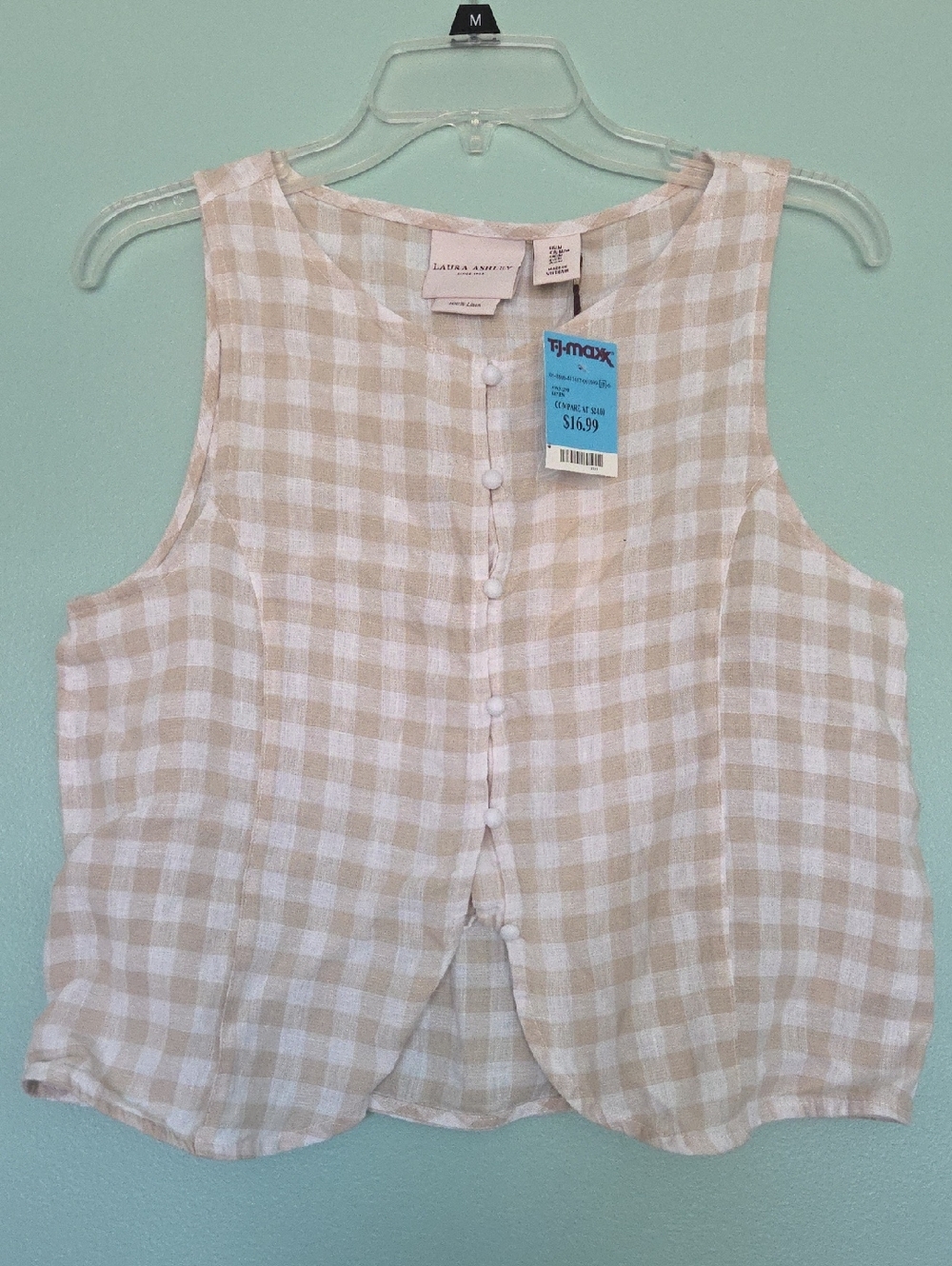 Linen-Blend Sleeveless Button Front Top - Beige Check